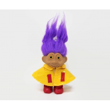 Vintage TNT Troll Doll in Raincoat and Galoshes Purple Hair and Yellow Eyes 1991 1990s Troll Toy 5 inches tall