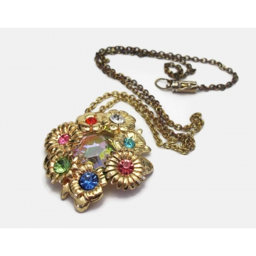 Vintage Colorful Rhinestone Floral Pendant Necklace Gold Tone Flowers with Multicolored Rhinestones 22 inch Long Chain