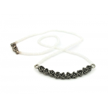 Vintage Dainty Silver Tone Roses Bar Necklace Pearly White Seed Beads 16 inch Minimalist Wedding Floral Beaded Choker Flowers Signed CSL