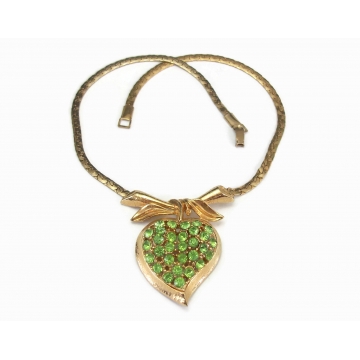 Vintage Heart Necklace Green Pave Rhinestone Gold Ornate 3D Heart Shaped Leaf 15 inch Choker Chartreuse Peridot Colored August