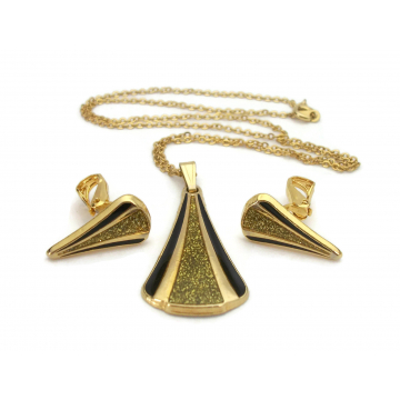 Vintage Van Doran Gold and Black Enamel Genuine Diamond Dust Triangle Pendant Necklace & Clip On Earrings Set Geometric Modern Jewelry