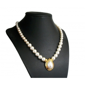Vintage Napier Faux Pearls Gold Tone Teardrop Collarbone Necklace 18 Inch Single Strand Gradated Pearls  Pear Shaped Cabochon