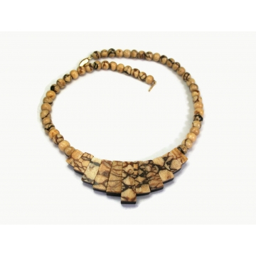 Vintage Reversible Beaded Necklace Marbled Brown Black Beads 21 inch Long Bib Necklace with Fish Hook Clasp