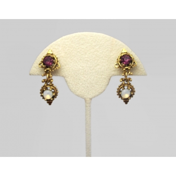 Vintage Faux Fire Opal Purple Rhinestone Gold Dangle Clip Earrings Romantic Ornate Filigree Drop Earrings February October Birthstone