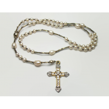 Vintage Freshwater Pearls Rosary Beads with Silver and Gold Cross with Clear Crystals 14" Religious Catholic Prayer Beads Five Decade