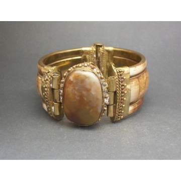Vintage Chunky Brass and Bovine Bone Inlay Hinged Bangle Bracelet Brown Stone Tribal Jewelry Wide Bracelet 2 3/8" Diameter Unisex Men Women