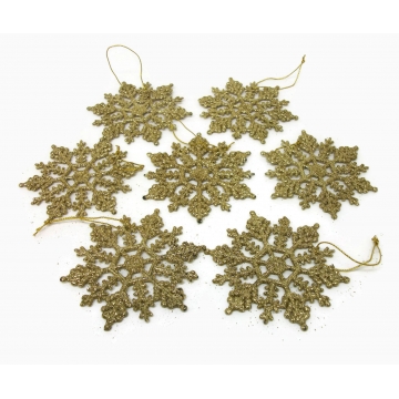 Vintage Gold Glitter Snowflake Christmas Ornaments Set of 7 Seven Big Sugared Plastic 3 1/2 inch Large Frosted Snowflakes Holiday Home Decor