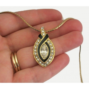 Vintage Trifari Gold and Clear Crystal Rhinestone Pendant with Black Enamel Accents 17 inch Gold Tone Chain