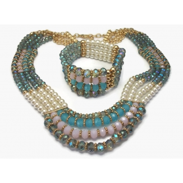 Vintage Crystal and Faux Pearl Multistrand Beaded Necklace and Stretch Bracelet Demi Parure Jewelry Set, AB Teal Blue & Pale Pink Crystals