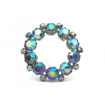 Vintage Blue AB Crystal Silver Tone Circle Pin Brooch  Periwinkle Blue Purple Aurora Borealis Prong Set Rhinestones Mid Century Jewelry
