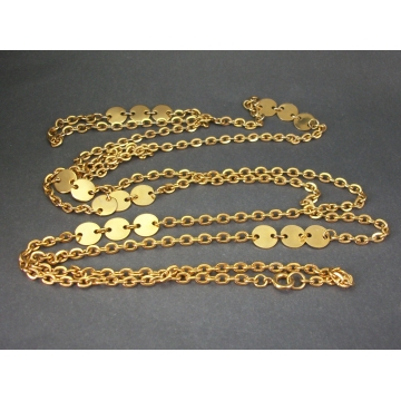 Vintage Long Gold Tone Chain Necklace  Small Round Gold Circle Accents   56 Inch Versatile Jewelry Layering Necklace