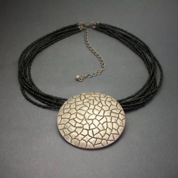 Vintage Modern Brutalist Silver Tone Medallion and Black Seed Bead Multistrand Necklace Big Round Circle Pewter Pendant Statement Necklace