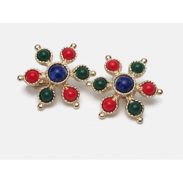Vintage Sarah Coventry 1970s Carnival Clip on Earrings Gold Tone with Red Green Blue Cabochons Floral Abstract Flower Snowflake Shape 1977