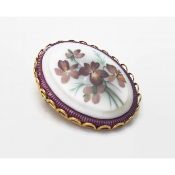 Vintage Painted Purple Floral White Glass Brooch in Gold Setting Oval Pansy or Violet Flowers Pin