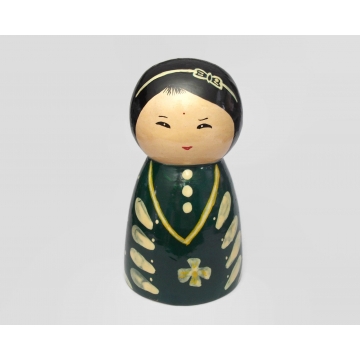 Vintage Kokeshi Doll Green Hand Painted 4 inch Wood Kokeshi Figurine