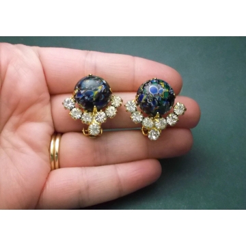 Vintage Juliana Delizza & Elster Clip on Earrings Colorful Blue Green Glass Cabochons Clear Rhinestones with Figure 8 Puddling