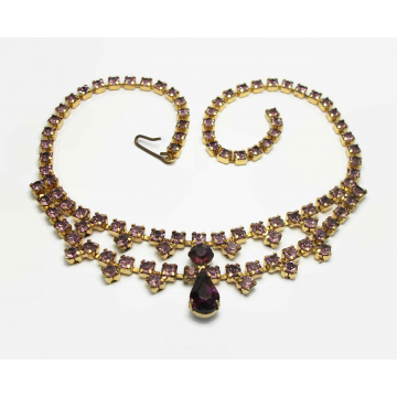 Vintage Purple Rhinestone Gold Choker Necklace Prong Set Stones Faux Amethyst Purple Wedding Formal Necklace up to 15 3/4"