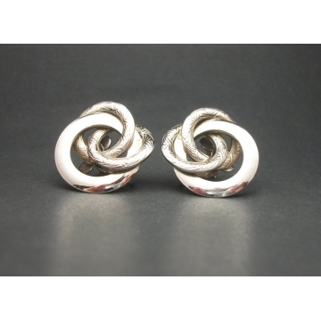 Vintage 1950s Signed Coro Silver Tone Entwined Circles Clip on Earrings Patent No. 2,732,694 Textured and Shiny Silver