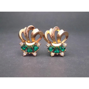 Vintage Emerald Green Crystals and Gold Clip on Earrings with Clear Rhinestone Accents Elegant Formal Earrings Wedding Jewelry
