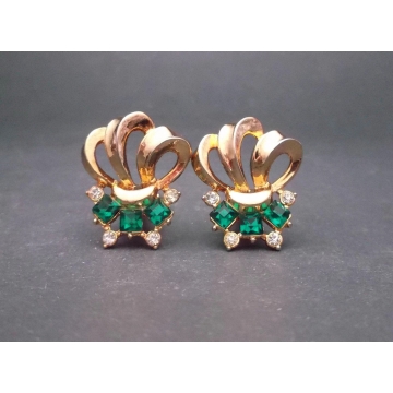 Vintage Emerald Green Crystals and Gold Tone Clip on Earrings with Clear Rhinestone Accents Elegant Formal Earrings Wedding Jewelry