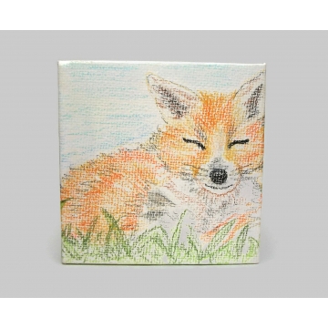 Sleeping Fox Drawing on Miniature Canvas Colored Pencil Tiny Art Cute Wild Fox Small Mini Fox Original Pencil "Painting"