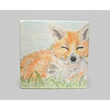 Sleeping Fox Drawing on Miniature Canvas Colored Pencil Tiny Art Cute Wild Fox Small Mini Fox Original Pencil "Painting"