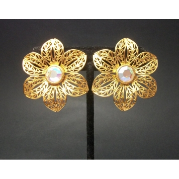 Vintage Avon Gold Filigree Flower Clip on Earrings with AB Crystals Floral Large Big Earrings Statement Jewelry Glistening Petal