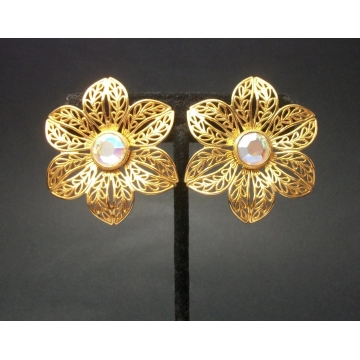 Vintage Huge Gold Filigree Flower Clip on Earrings with AB Crystal Centers  Floral Large Big Earrings Statement Jewelry