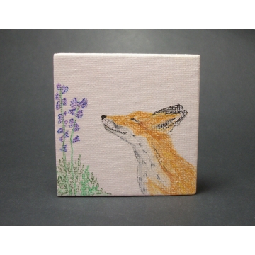 Fox Drawing on Miniature Canvas  Colored Pencil Tiny Art  Cute Fox and Purple Flowers  Small Mini Fox Pencil "Painting" with Easel