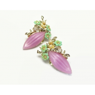 Vintage 1950s Lavender Purple and Mint Green Celluloid Floral Clip on Earrings Gold Tone with Rhinestone and Pearl Accents Mid Century 50s