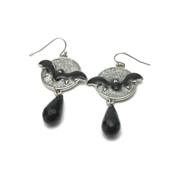 Flying Bat Dangle Earrings Halloween Black and Sparkly Silver Enamel Full Moon Goth Gothic Vampire Bat Drop Earrings