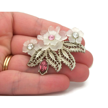 Vintage Celluloid Flower Brooch Floral Lapel Pin Silver Filigree Translucent Clear White Plastic Pink & Clear Rhinestones