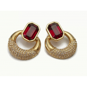 Vintage Swarovski Swan Signed Doorknocker Pave Crystal Gold Ruby Garnet Red Clip on Earrings Clear Crystal Sparkly Formal Earrings