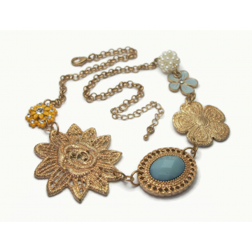 Vintage Asymmetrical Floral Necklace Gold Enamel Flower Faux Pearl Bead Cluster Blue and Yellow Adjustable 16 to 24 Inches