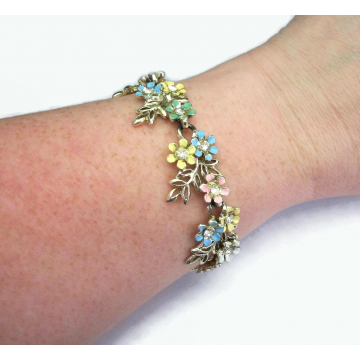 Vintage Pastel Enamel Flower Bracelet with Rhinestone Accents Gold Leaves Floral Size 7 Inches Long Pink Blue Yellow Green