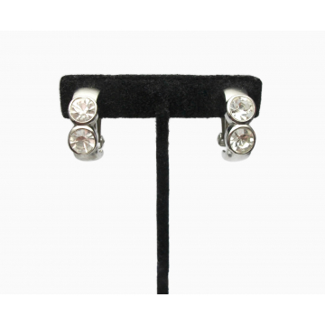 Vintage Silver Clear Crystal Rhinestone Clip on Earrings 1 inch Large Double Crystal Chunky Half Hoop Earrings