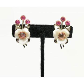 Vintage White Celluloid Pink Rhinestone Flower Clip on Earrings Gold and White Plastic 1950s 50s Mid Century Jewelry Floral Trillium Vintage White Celluloid Pink Rhinestone Flower Clip on Earrings Gold and White Plastic 1950s 50s Mid Century Jewelry Floral Trillium