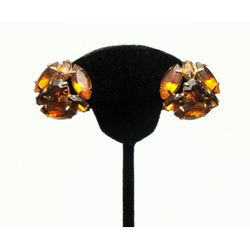 Vintage Topaz Colored Rhinestone Clip On Earrings Prong Set Round Cut and Marquise Large Big Clip Ons November Birthstone