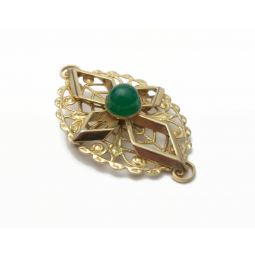 Vintage Sarah Coventry Gold Filigree Brooch Green Stone Cabochon and Gold Setting Geometric Oval Openwork Brooch Lapel Pin Men Women