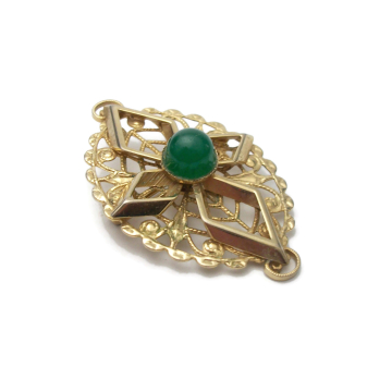 Vintage Sarah Coventry Gold Filigree Brooch Green Stone Cabochon Geometric Oval Openwork Lapel Pin Men Women