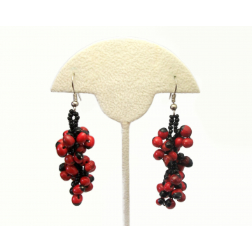 Vintage Red and Black Beaded Dangle Earrings Long Bead Cluster Drop Hook Earrings Kinetic Jewelry