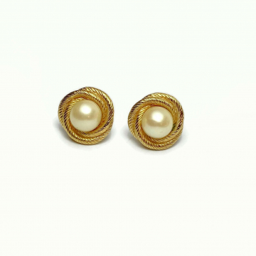 Vintage Monet Gold and Pearl Love Knot Clip on Earrings Textured Gold Knot Earrings with Pearl Accent