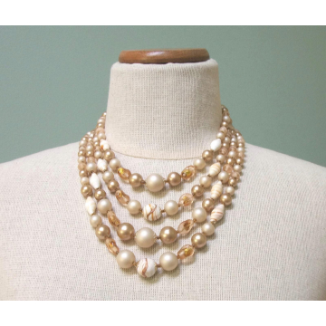 Vintage 1950s Four Strand Necklace Pale Beige Gold and Tangerine Mid Century Multistrand Beaded Necklace Made in Japan