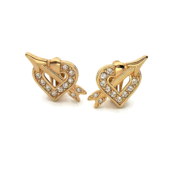 Vintage Swarovski Gold Heart Clip on Earrings Valentines Day Cupid's Arrow with Clear Crystal Rhinestones Signed Swarovski Swan Logo
