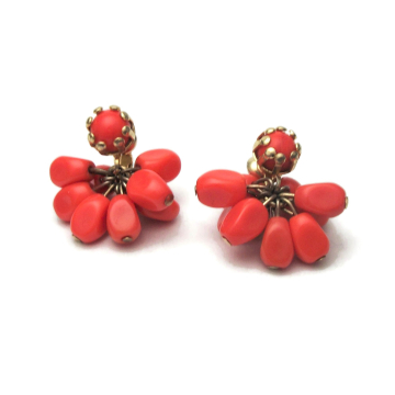 Vintage Orange Bead Cluster Clip on Earrings Kinetic Jewelry
