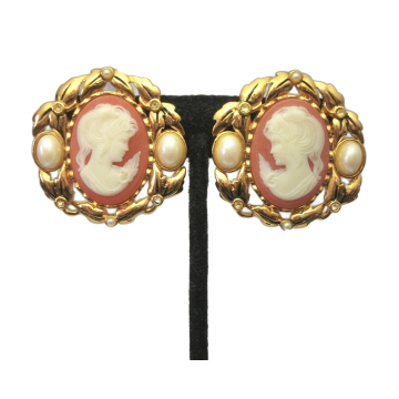 Vintage Kenneth Jay Lane KJL for Avon Cameo Clip on Earrings Big Large Gold Cameo Pearls & Clear Rhinestones 1 1/2 inch diameter