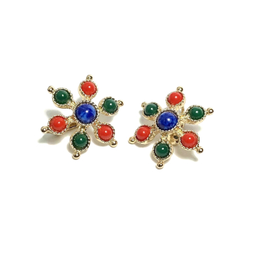 Vintage Sarah Coventry 1970s Carnival Clip on Earrings Gold with Red Green Blue Cabochons Floral Abstract Flower Shape 1977