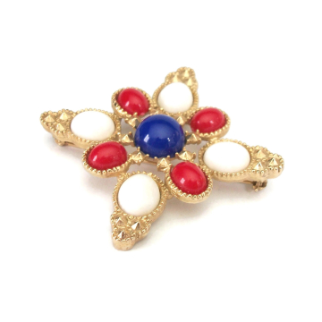 Vintage 1970s Sarah Coventry Americana Design Brooch Red White and Blue Cabochons Gold Statement Patriotic Pin 70s Jewelry