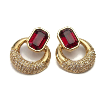 Vintage Swarovski Ruby Garnet Red Clip on Earrings Doorknocker Pave Crystal Gold Swan Signed Sparkly Formal Earrings