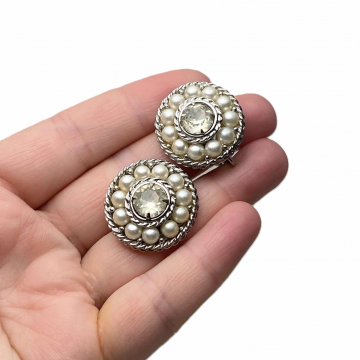 Vintage Sarah Coventry Silver Pearl Clip on Earrings with Prong Set Clear Rhinestone Wedding Formal Earrings